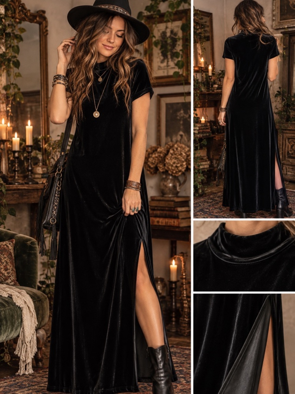 Cassini Black Size Large Velvet Mock Neck Short Sleeve Dress 90s Y2K Whimsigoth